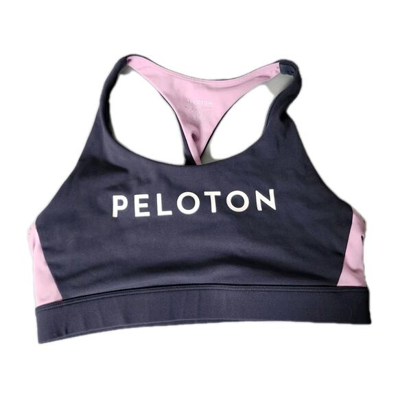 Peloton Sports Bra Size Medium Gray Pink Logo Twist Racerback - Picture 1 of 5